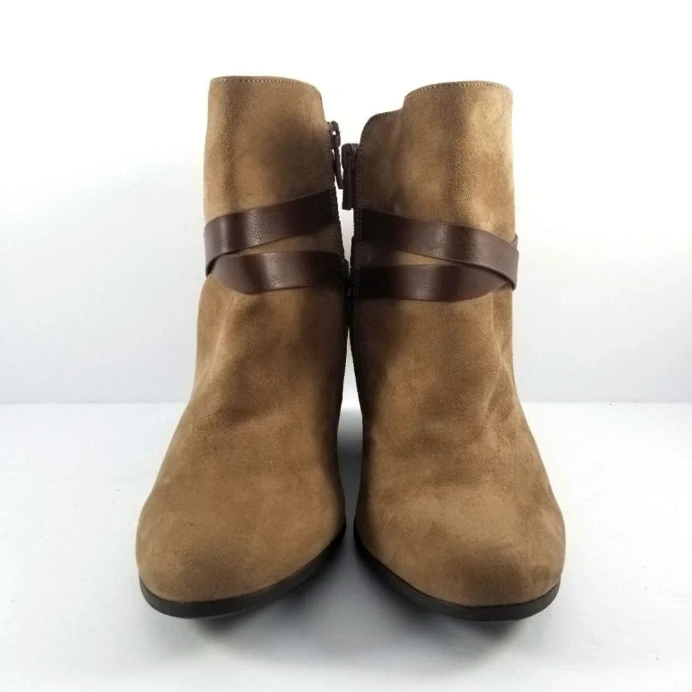 Tan Microfiber Suede Harness Ankle Boots‎ Brown Straps Block Heel 9W